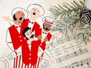 Illustrated barber shop quartet in foreground with sheet music, pine needles and a pine cone in the background