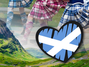 Green mountains in background with overlay of Scottish dancers and an illustrated heart filled with the Scottish flag