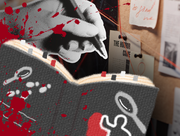 Photo collage of hand holding pen, a bulletin board with photos and red string, a mystery book and fake blood splatters