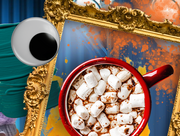 Collage of various art supplies accompanied by a cutout photo of mug of hot chocolate with marshmellow