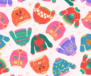 Multicolored drawn holiday sweaters with different patterns and designs.