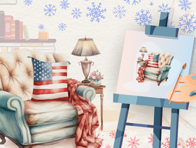 Painted image of living room with armchair and fireplace. In front of chair is an easel with a canvas featuring a painting of the scene