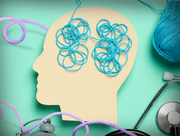 collage with stethoscope and paper cut out of a human head with yarn to illustrate the brain. 