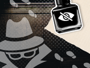 Collage art with spy icon, icon of invisible ink bottle, footprints and paper.