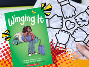 Decorative collage background with book cover of "Winging It" by Megan Wagner Lloyd