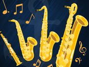 Navy background with illustrative saxophones and flute