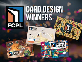 Confetti background with FCPL logo and four library card, one with animals reading, one with a book page dog, one with birds and one picasso style