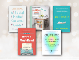 Cream bokeh background with book covers of various self-improvement and hobby books