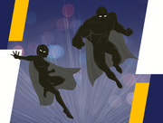 Blue comic background with silhouettes of two caped super heroes