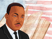 Illustrated image of Dr. Martin Luther King Jr. in front of painted American flag and watercolor book