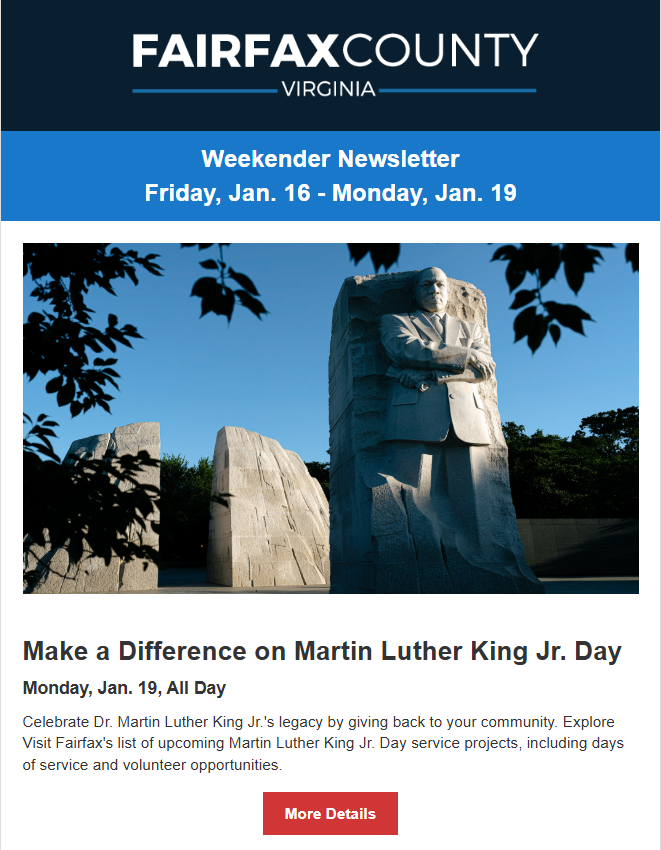 Screenshot of the latest Weekender newsletter highlighting Martin Luther King Jr. Day events.