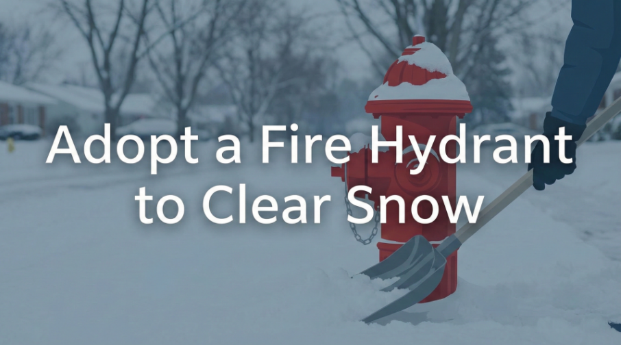 A red fire hydrant is covered in snow with the text "Adopt a Fire Hydrant to Clear Snow" over the image.