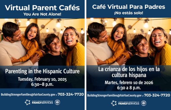 Virtual Parent Cafe February graphic including Hispanic family