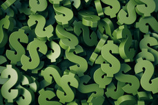 Green colored dollar symbol stacks on background. 3d illustration.