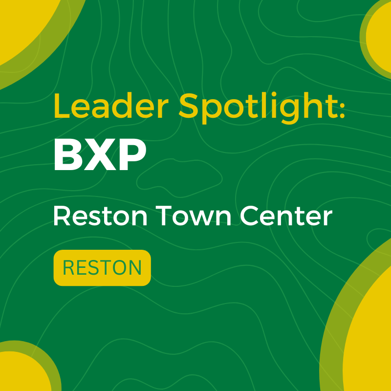 graphic with swirls and yellow circles that says leader spotlight, BXP, reston town center, reston