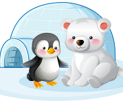 Graphic of a penguin and polar bear sitting in front of an igloo.
