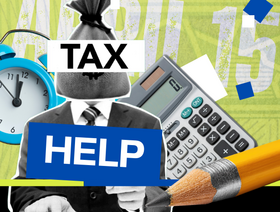 Collage image various black and white photos of a calculator, pencil, bag of money and person in a business suit. Text reads Tax Help