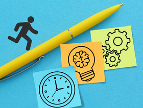 Stick figure "running" up a ballpoint pen with icons of a clock, a lightbulb with a brain and gears on sticky notes under the pen. 