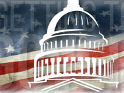 American flag background with line drawing of the US Capital in the foreground
