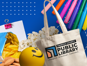 Collage image including photos of a canvas tote, a smiley face stress ball, markers and various snacks 