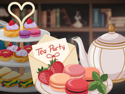 Graphic depiction of a tea party with a tea pot, desserts and fruit.