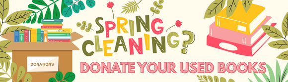 Cheerful illustrated image of books amid greenery with text that reads Spring Cleaning? Donate Your Used Books