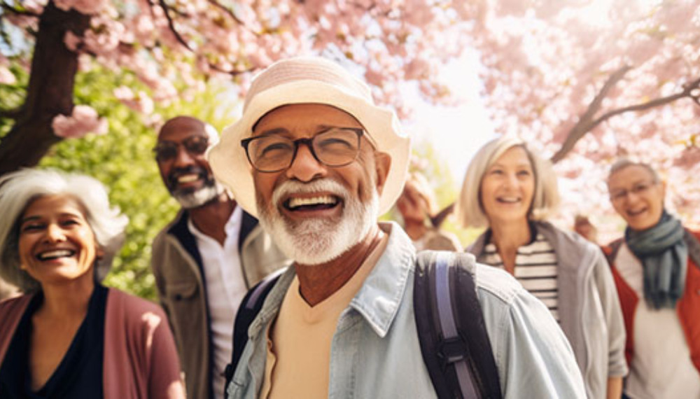 Older adults smile as they walk under trees with cherry blossoms.