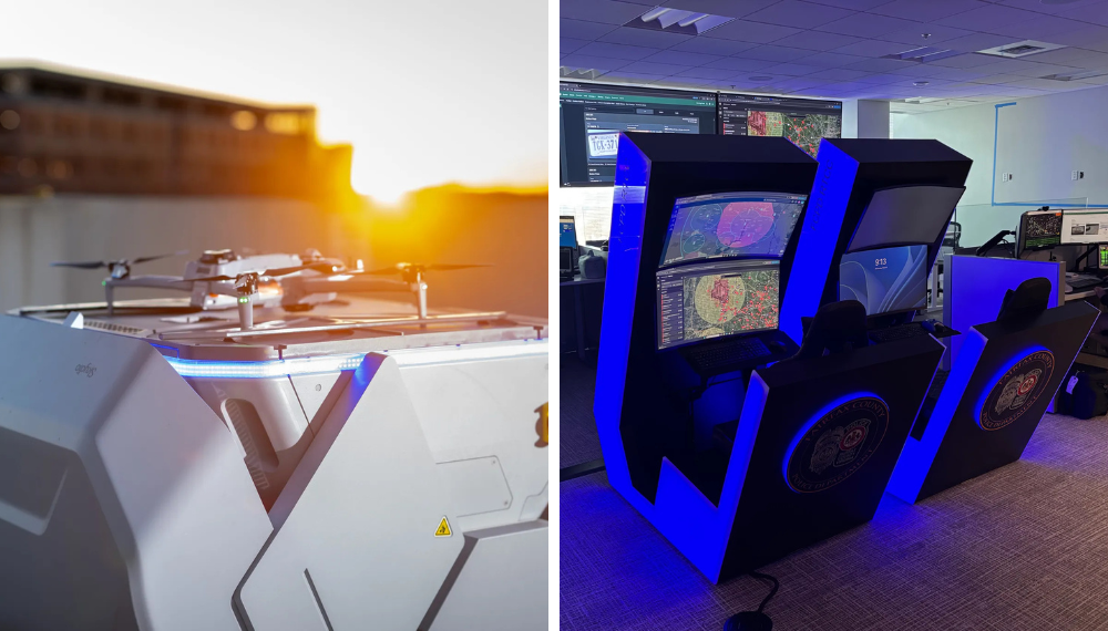 Images of a drone and a Real Time Crime Control Center.