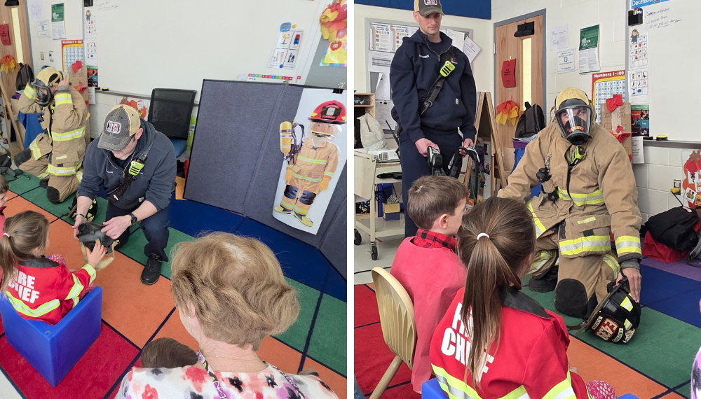 Firefighters dressed in uniform show children different parts of how the uniform works.