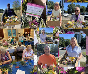 A photo collage of volunteers delivering flower arrangements to older adult clients of the Department of Family Services.