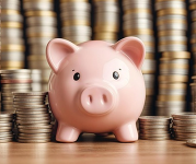 A pink ceramic piggy bank surrounded by stacks of coins. 