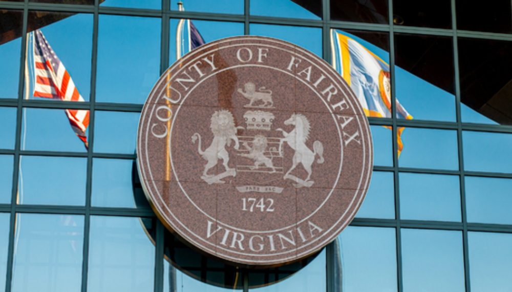 The county seal on the outside of the Fairfax County Government Center.