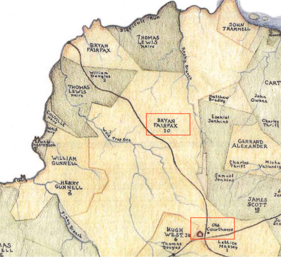 Mitchell, Beth. 1760 Map, detail showing Fairfax's property 