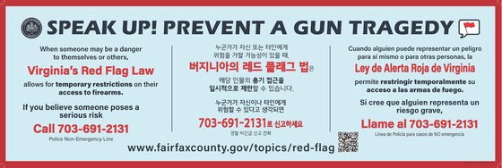Graphic that reads "Speak Up! Prevent a Gun Tragedy" translated in English, Korean and Spanish. If someone is a serious risk, call 703-691-2131.
