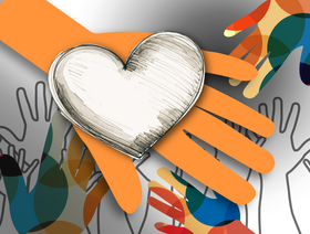 Illustration of colorful raised hands with a large orange hand holding a sketched white heart, symbolizing community support and kindness.