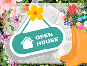 Illustration of a teal “Open House” sign with a flower, surrounded by colorful flowers and orange rain boots.