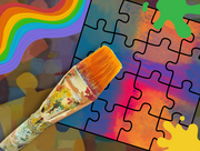 Colorful illustration of a paintbrush, rainbow, and splattered jigsaw puzzle pieces filled with bright paint.