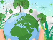 Illustration of hands holding the Earth surrounded by trees, plants and birds in a bright sky.