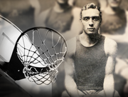 Vintage-style photo of a basketball hoop overlaid on a blurred image of an old-fashioned basketball player.