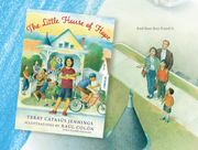 Book cover and illustration from “The Little House of Hope,” showing a family standing outside their new home.
