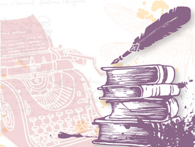 Illustration of stacked books, a feather quill, and a faint vintage typewriter in the background.