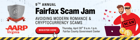 Banner for the 9th Annual Fairfax Scam Jam with event details and illustrations of an online scammer.