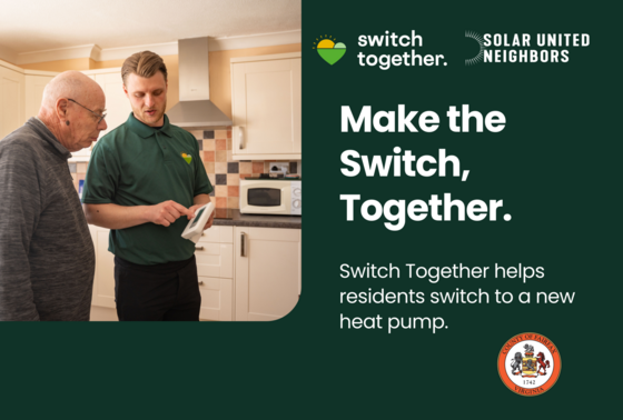 Promotional graphic for “Switch Together” showing a technician helping a resident with a new heat pump controller.
