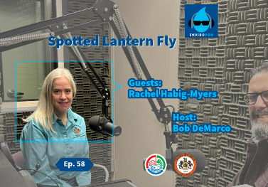 Podcast promo image for “Spotted Lantern Fly” featuring guest Rachel Habig-Myers and host Bob DeMarco in a recording studio.