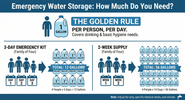 Infographic explaining emergency water storage: one gallon per person per day, with examples for a 3‑day kit and 2‑week supply for a family of four.