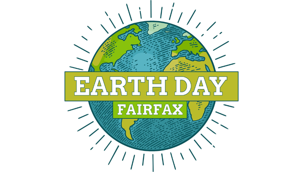 Illustrated Earth with rays around it and a green banner across the center reading “Earth Day Fairfax.”