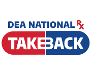 DEA National Rx Take Back Day logo with “TAKE BACK” written across a red and blue pill capsule.