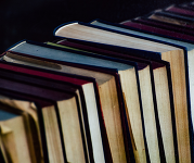 Row of standing books viewed from the side, showing worn pages and colorful covers in dim light.