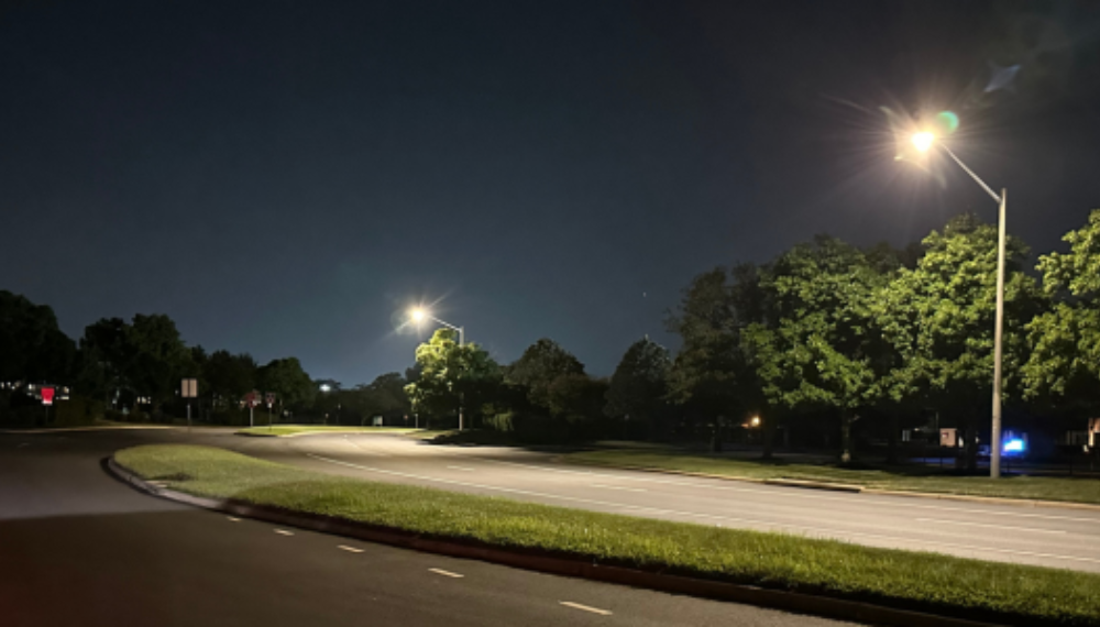 Streetlights illuminated at night over a neighborhood road.