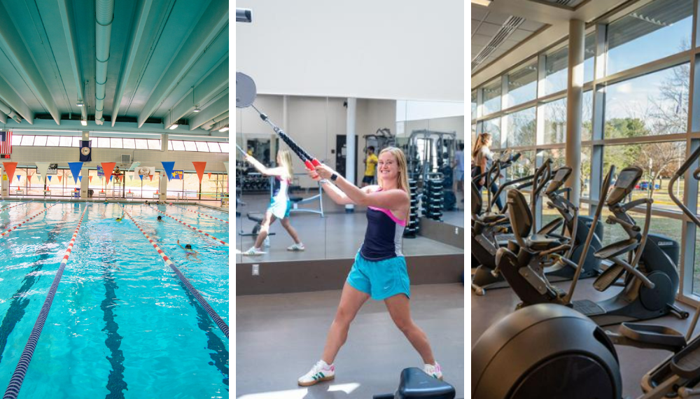 A Rec Center swimming pool, a woman uses a workout machine and ellipticals at a Rec Center.